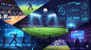 Featured image showing football, basketball, cricket, and eSports as top global sports trends in 2025 with AI technology influence.