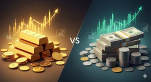 Balanced comparison of gold bars and US dollar bills with financial charts representing long-term investment options and wealth preservation.