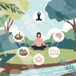Illustration of holistic wellness with meditation, yoga, nature, and self-care symbols representing the new era of self-care.