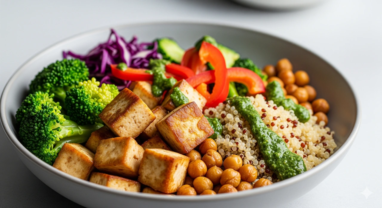 Plant-based and alternative proteins healthy meal with tofu, chickpeas, and quinoa