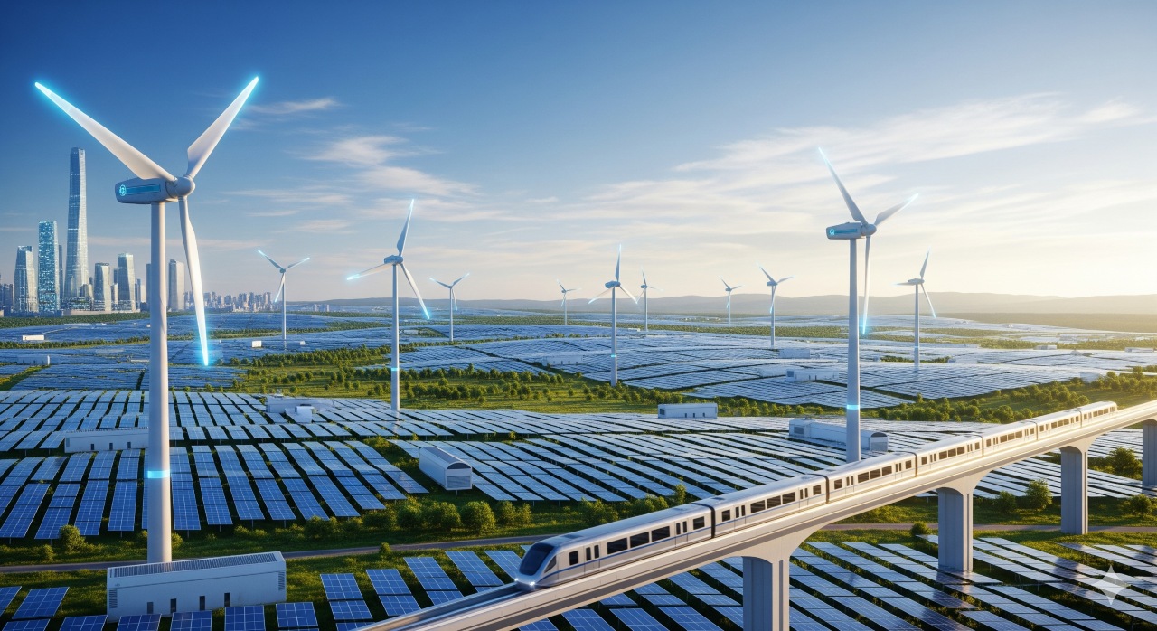 Solar panels and wind turbines representing global renewable energy growth in 2025