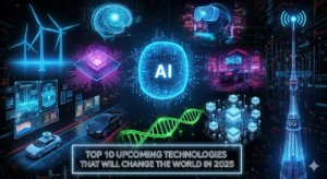 Futuristic collage of top 10 upcoming technologies in 2025 including AI, Quantum Computing, 6G connectivity, gene editing, brain-computer interface, AR/VR, autonomous vehicles, smart cities, green energy, and blockchain.